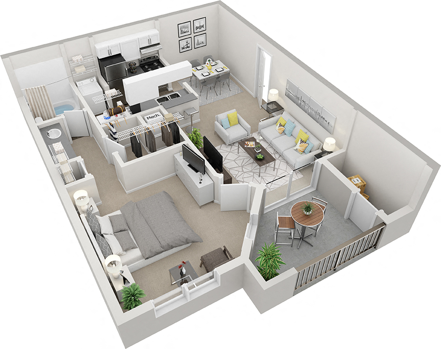 Floor plan for 1 bed, 1 bath, 625 sqft